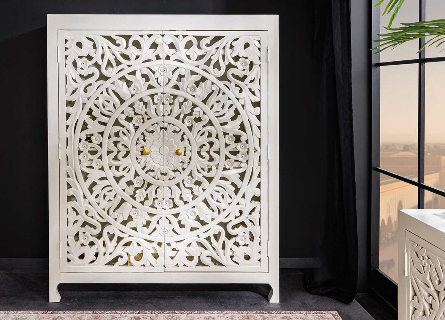 Buffet haut blanc en bois de manguier style oriental Azura