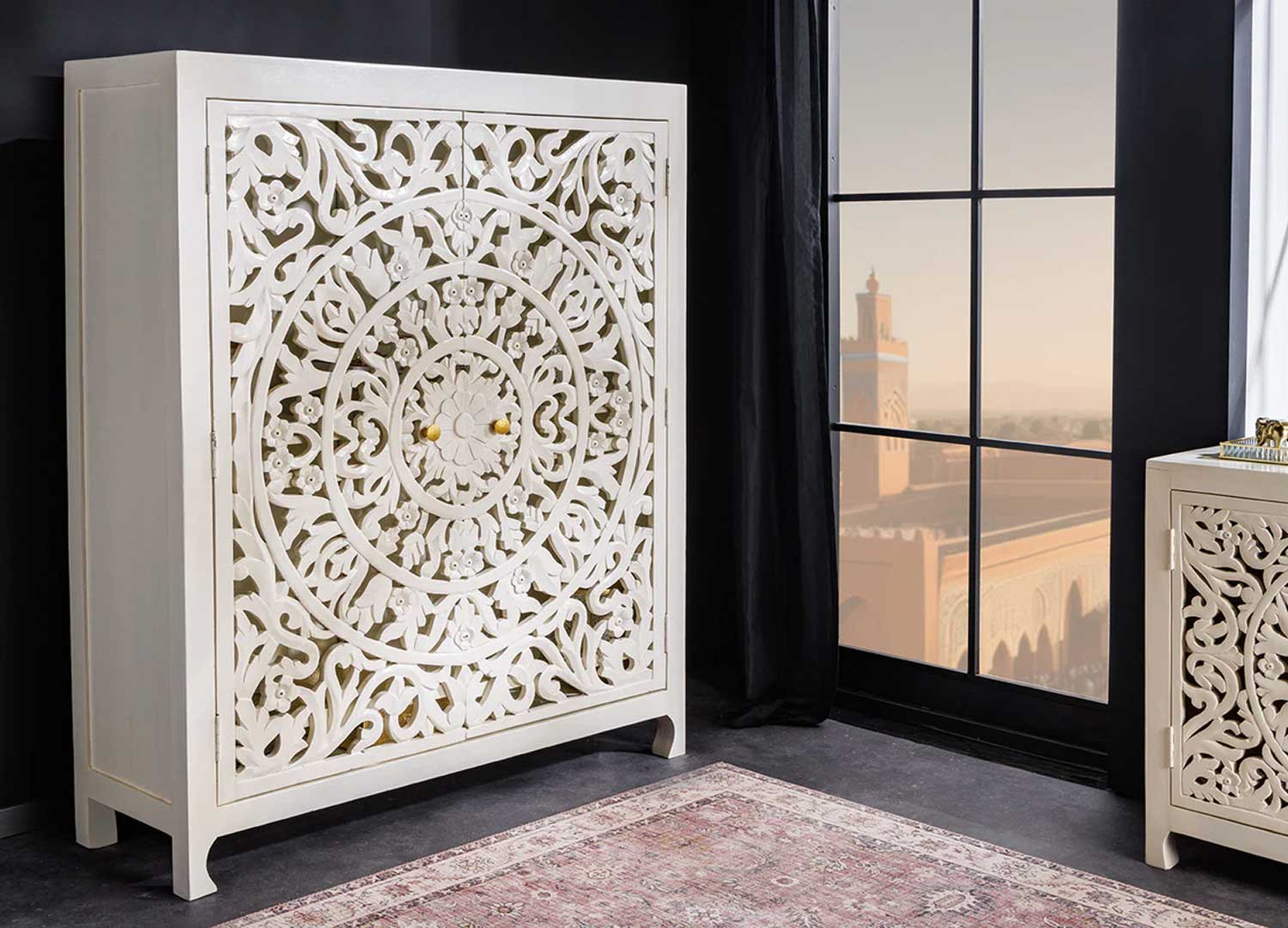 Buffet haut blanc en bois de manguier style oriental Azura