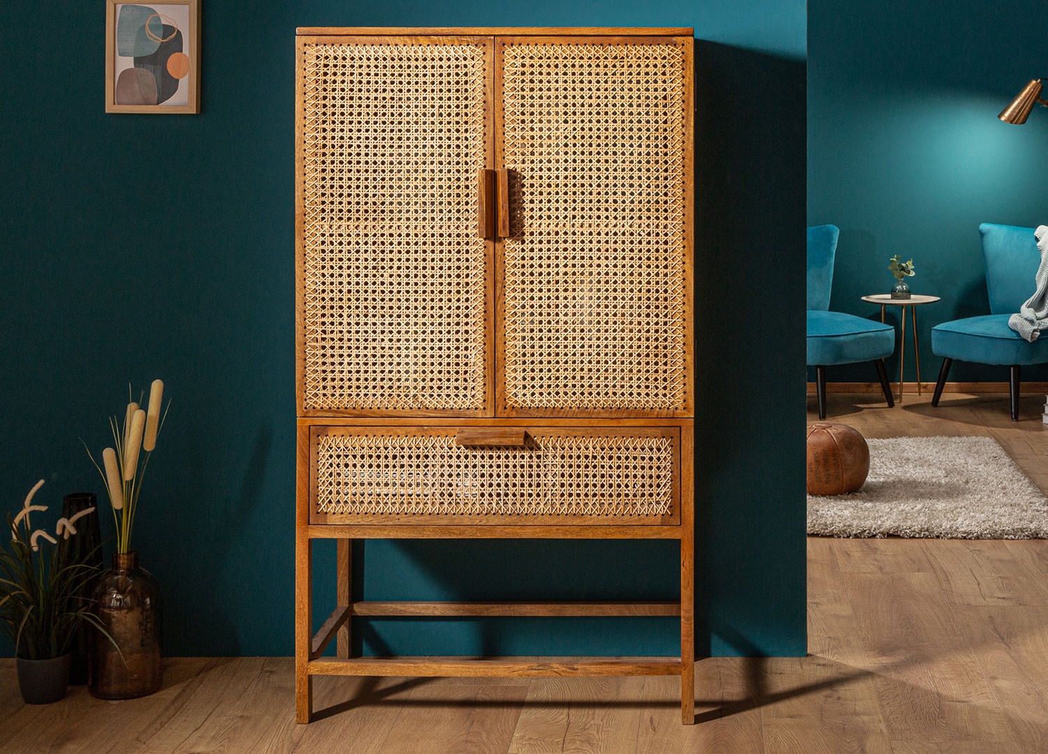 Buffet haut bois de manguier et bambou tressé