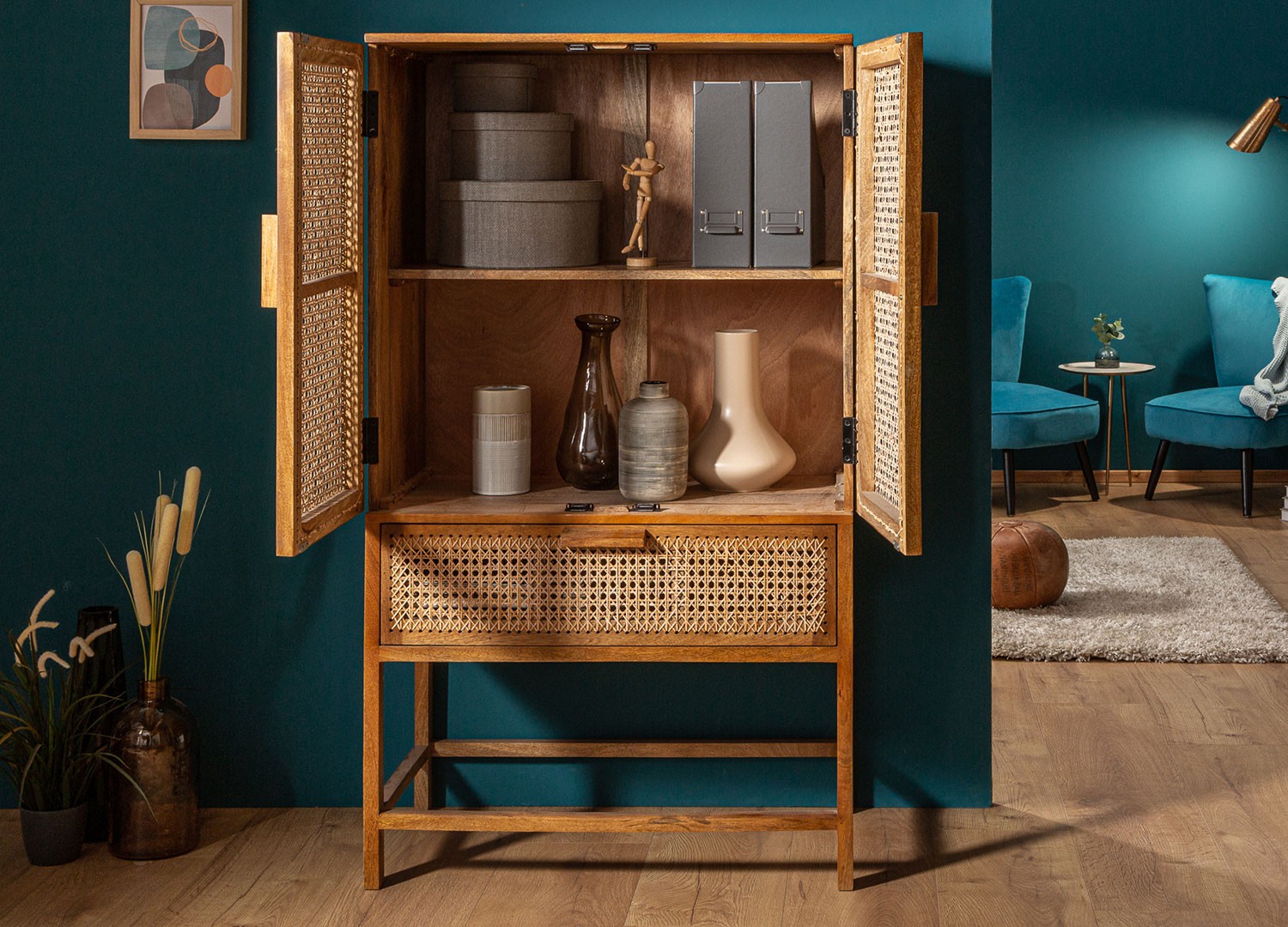 Buffet haut bois de manguier et bambou tressé