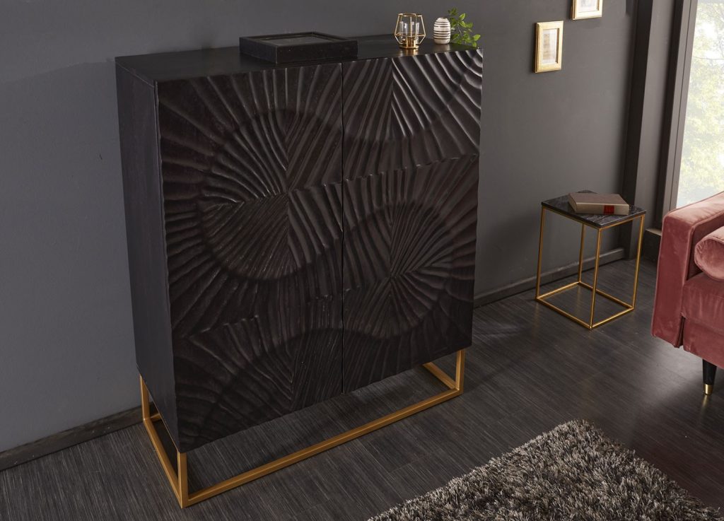 Buffet haut bois de manguier sculpture en 3D et pied métal doré