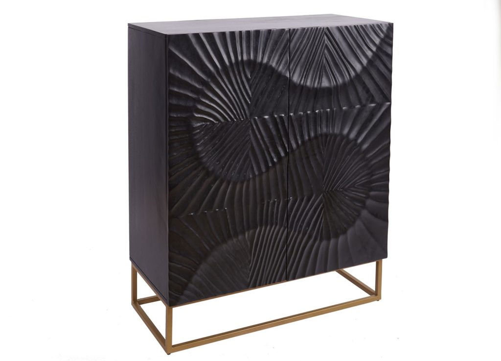 Buffet haut bois de manguier sculpture en 3D et pied métal doré