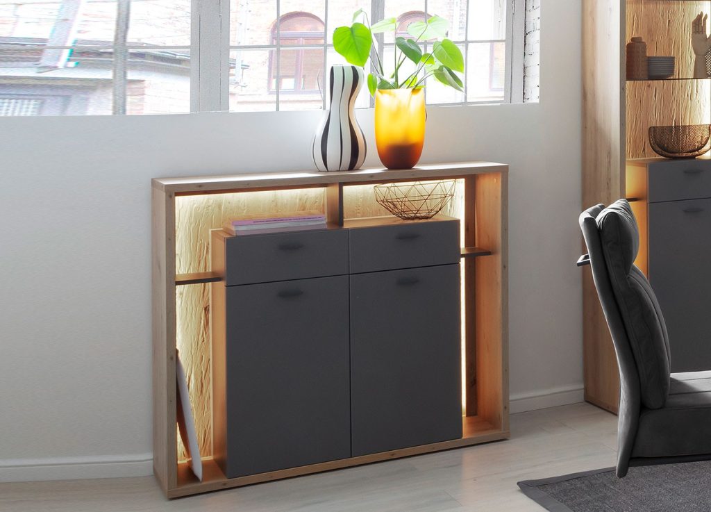 Buffet haut design gris et bois 2 portes et 2 tiroirs