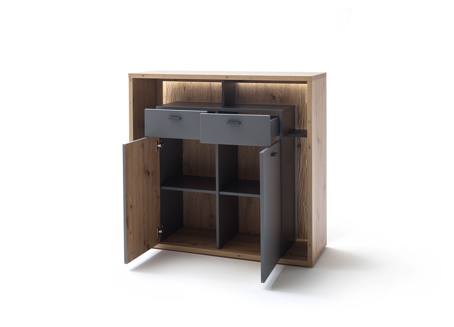 Buffet haut design gris et bois 2 portes et 2 tiroirs