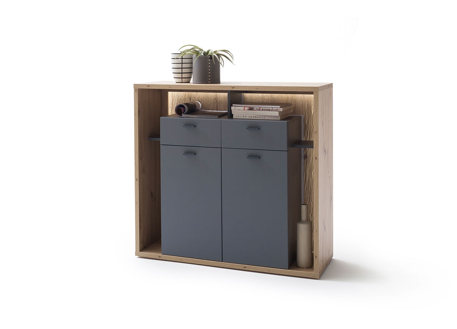 Buffet haut design gris et bois 2 portes et 2 tiroirs
