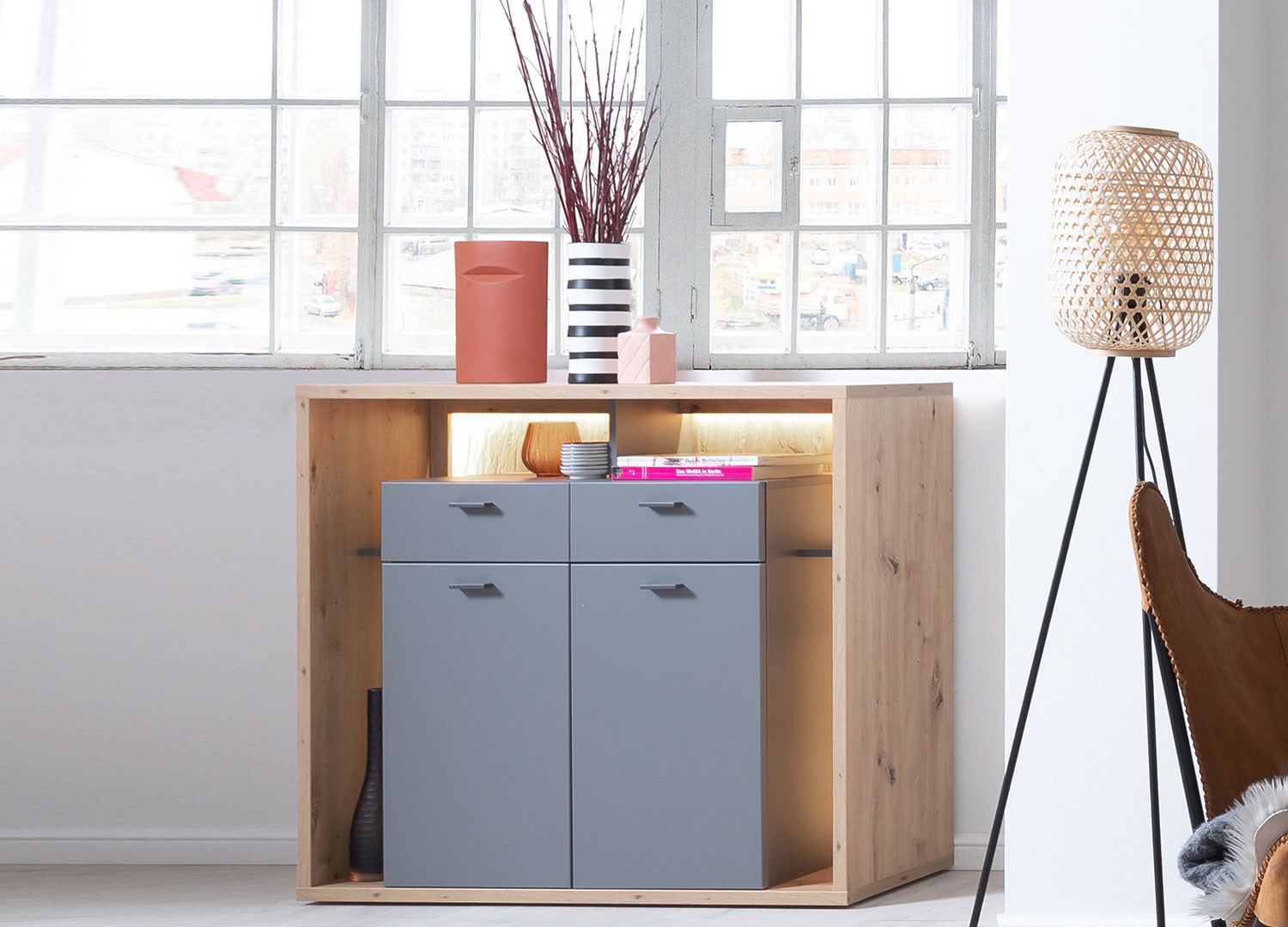 Buffet haut design gris et bois 2 portes et 2 tiroirs