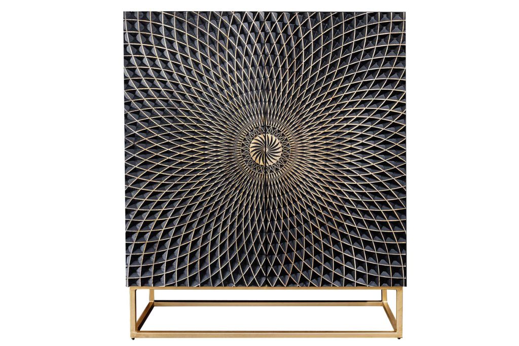Buffet haut original en bois noir avec façades mandala 2 portes