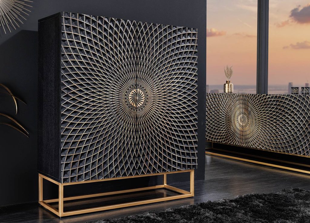 Buffet haut original en bois noir avec façades mandala 2 portes
