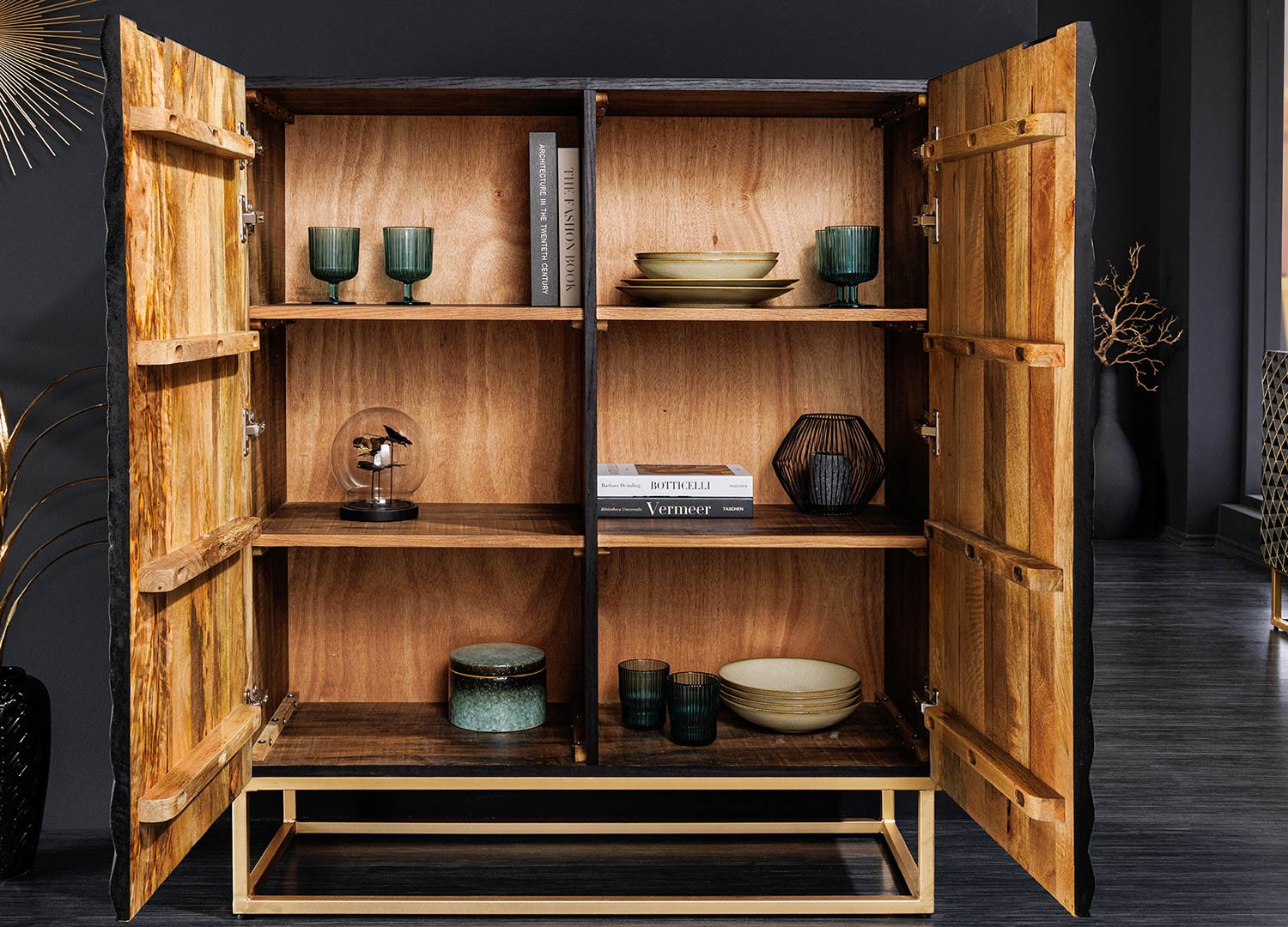 Buffet haut original en bois noir avec façades mandala 2 portes