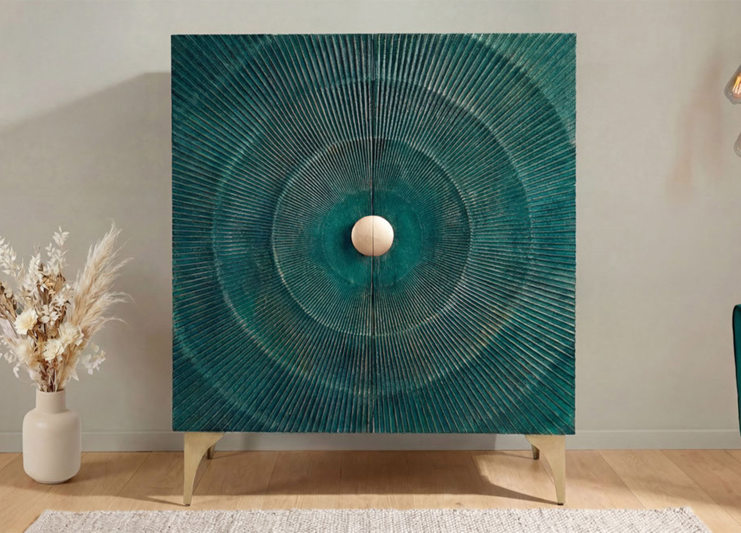 Buffet haut Sunset turquoise et doré avec portes sculptées