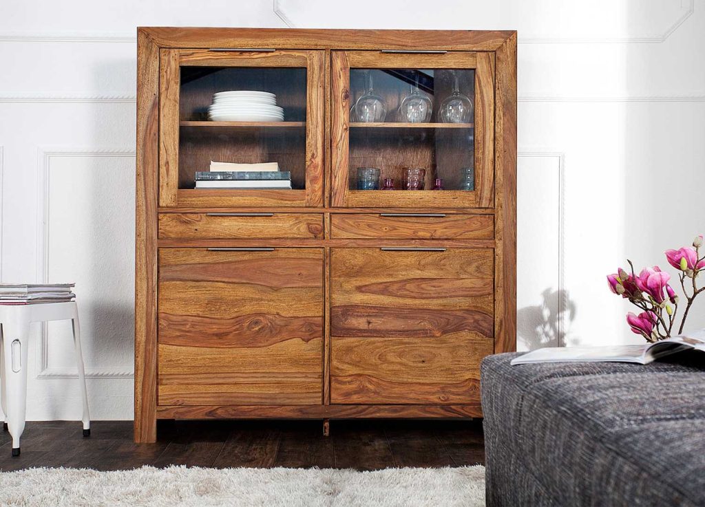 Buffet haut vitré en bois massif shesham 120 cm
