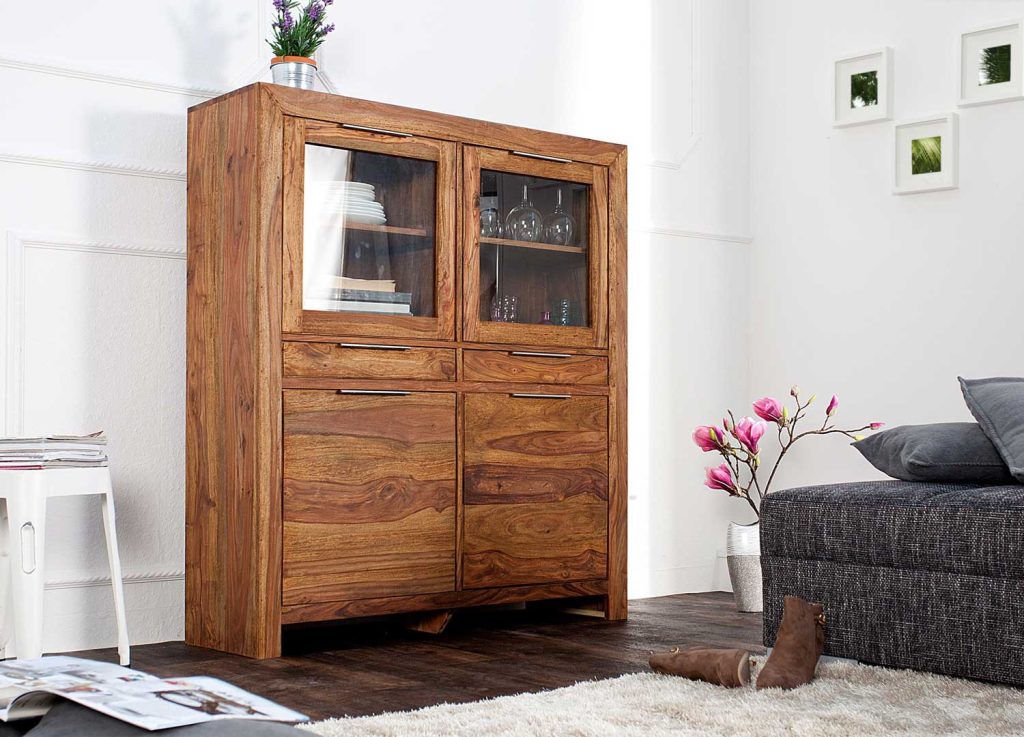 Buffet haut vitré en bois massif de sesham 120 cm