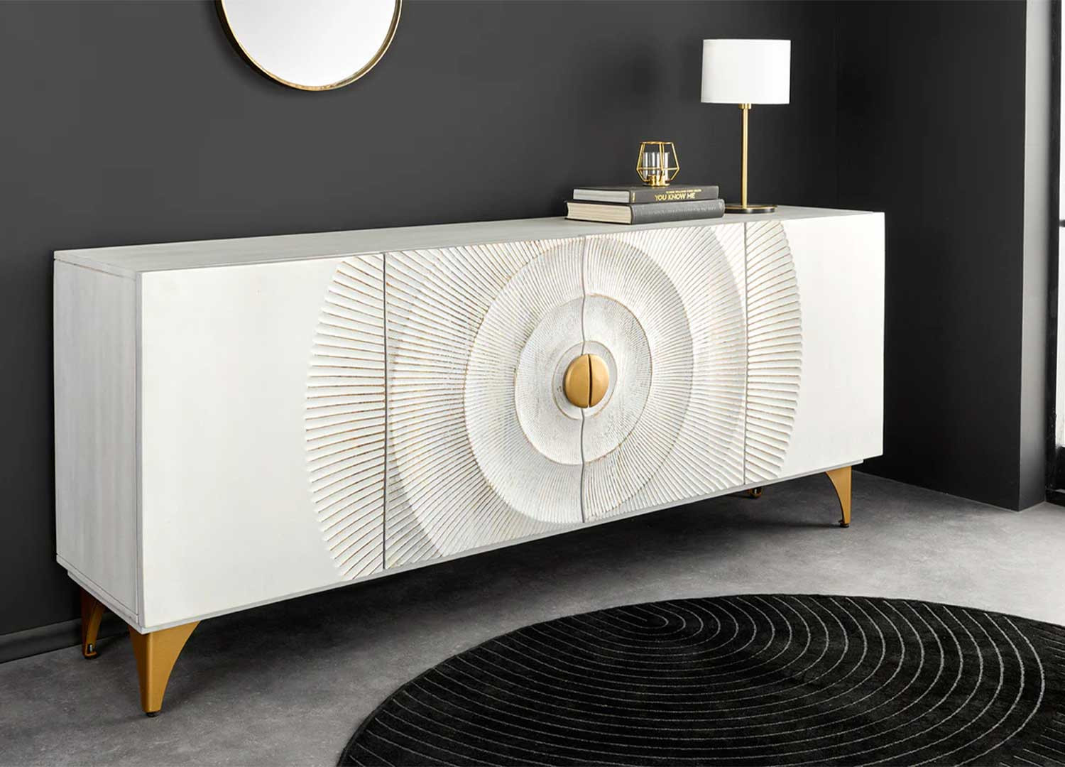 Buffet long en manguier blanc et doré Sunset