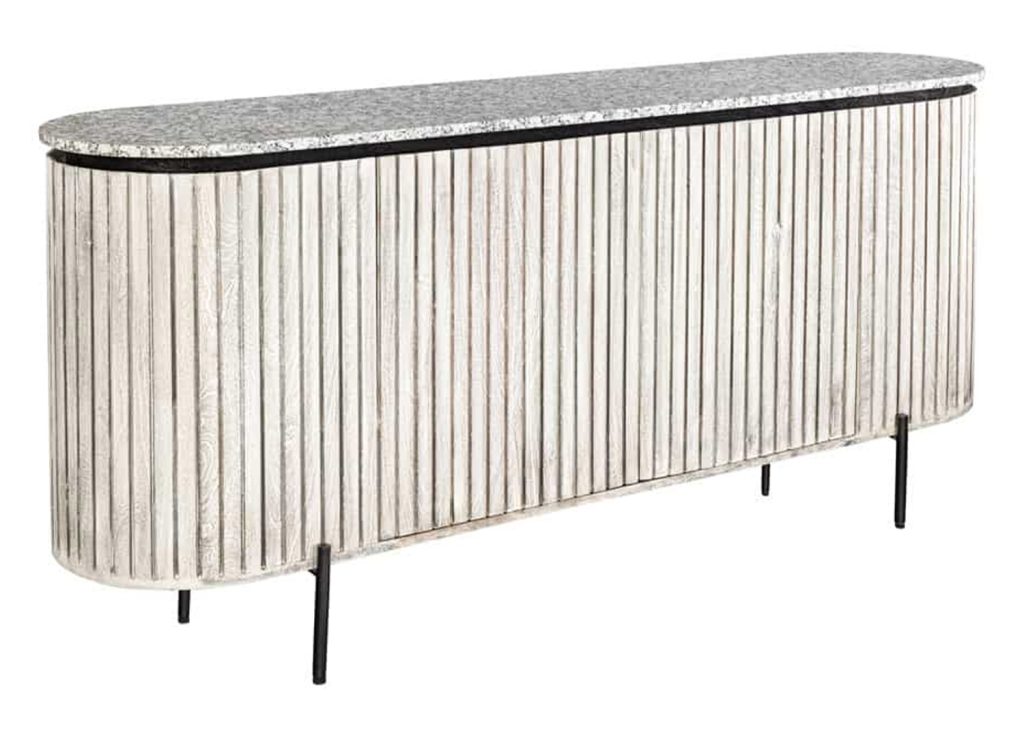Buffet Néval en manguier gris avec plateau en marbre blanc et piètement noir sur fond blanc