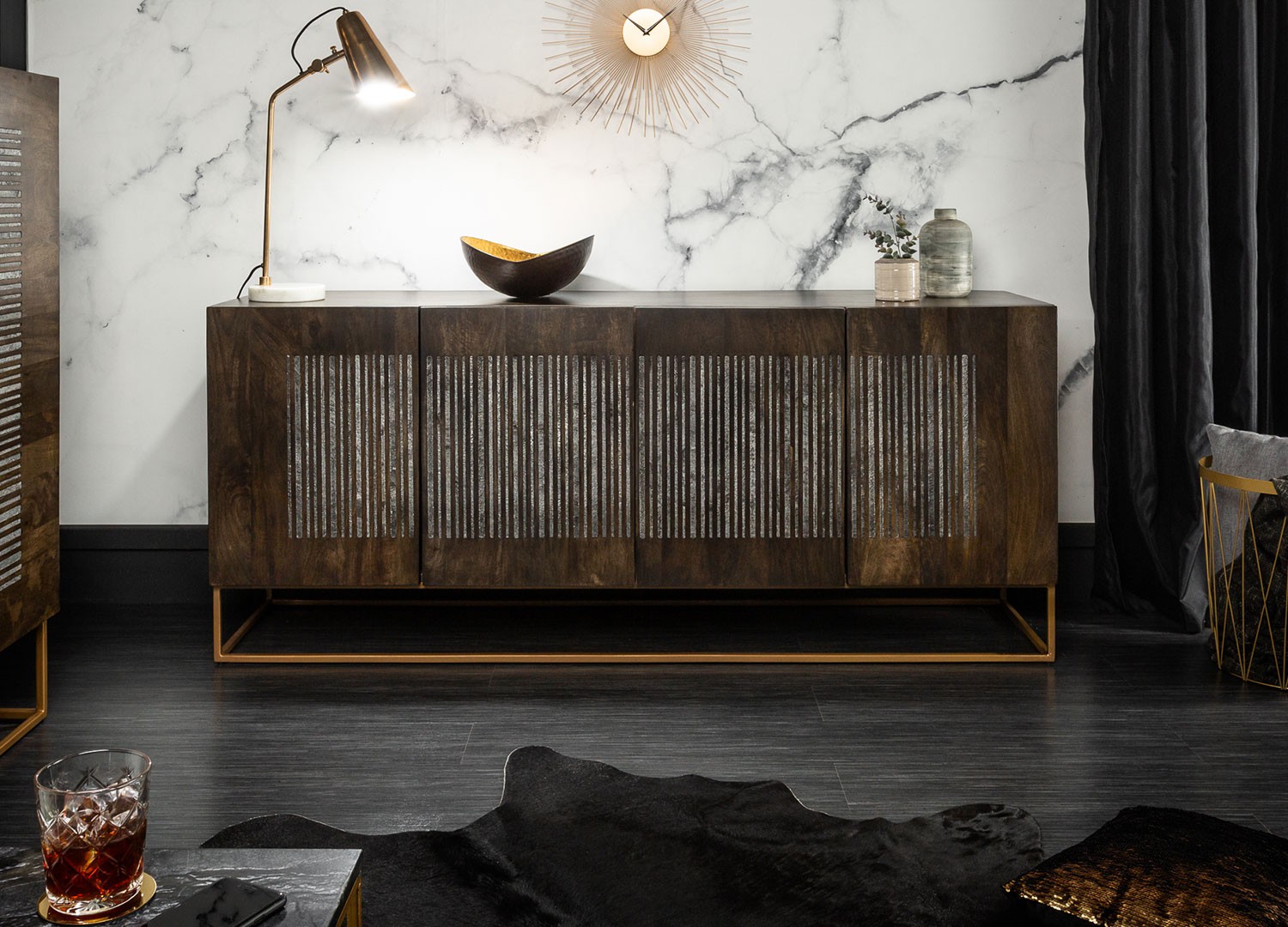 Buffet massif en bois de manguier 177 cm relief pierre d'agate