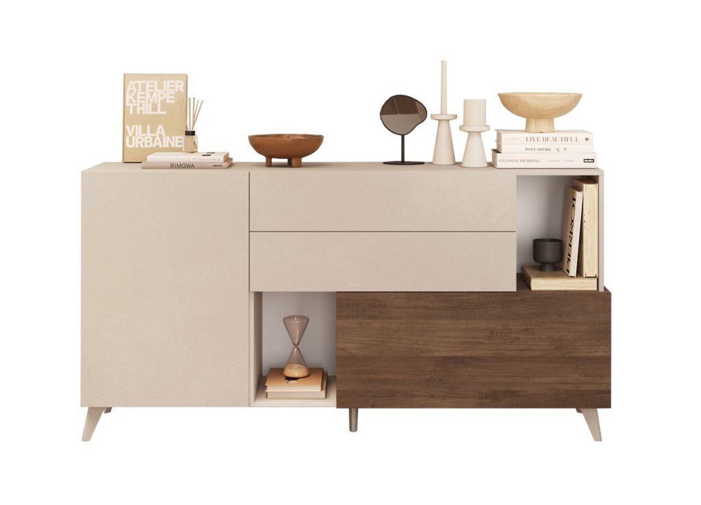 Buffet moderne 2 portes, 2 tiroirs et niches de rangement