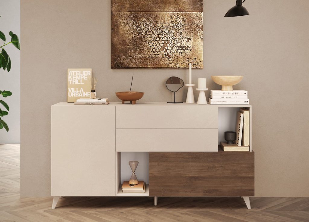 Buffet moderne 2 portes, 2 tiroirs et niches de rangement