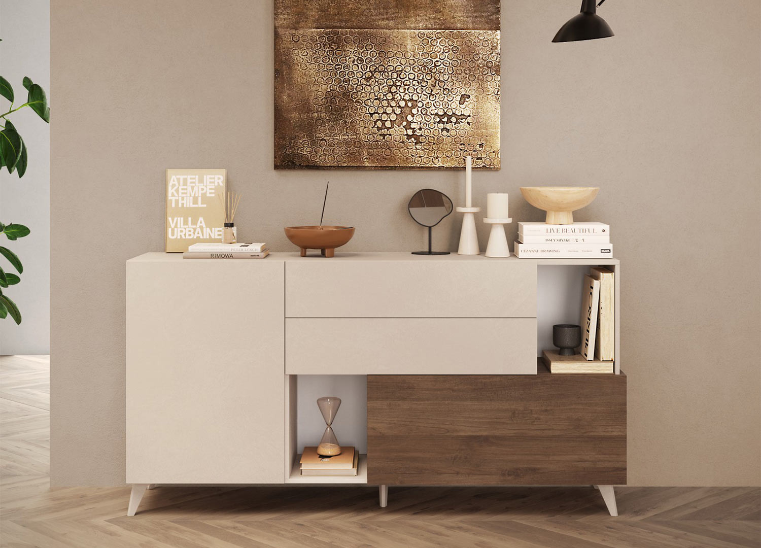 Buffet moderne 2 portes, 2 tiroirs et niches de rangement