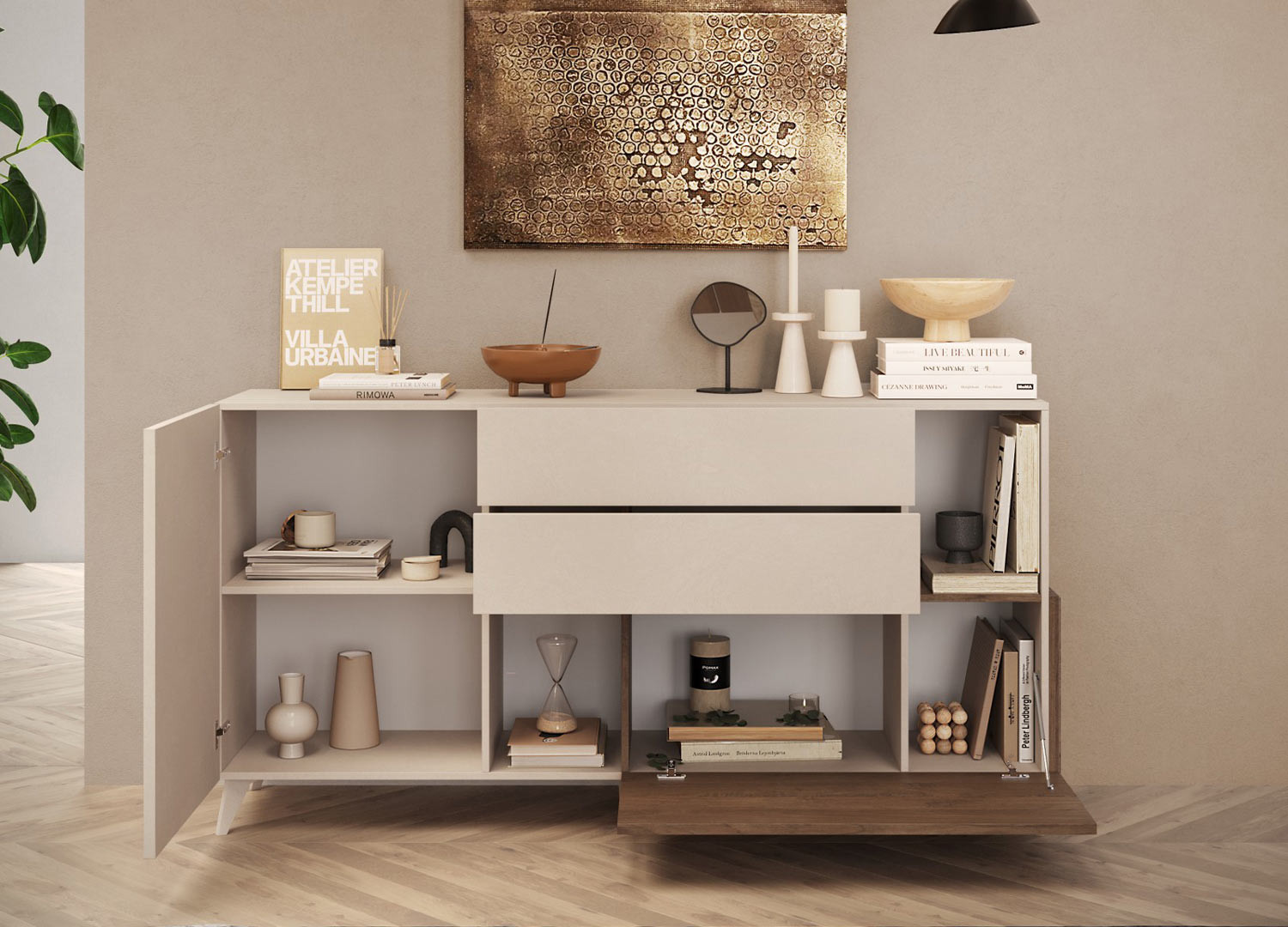 Buffet moderne 2 portes, 2 tiroirs et niches de rangement