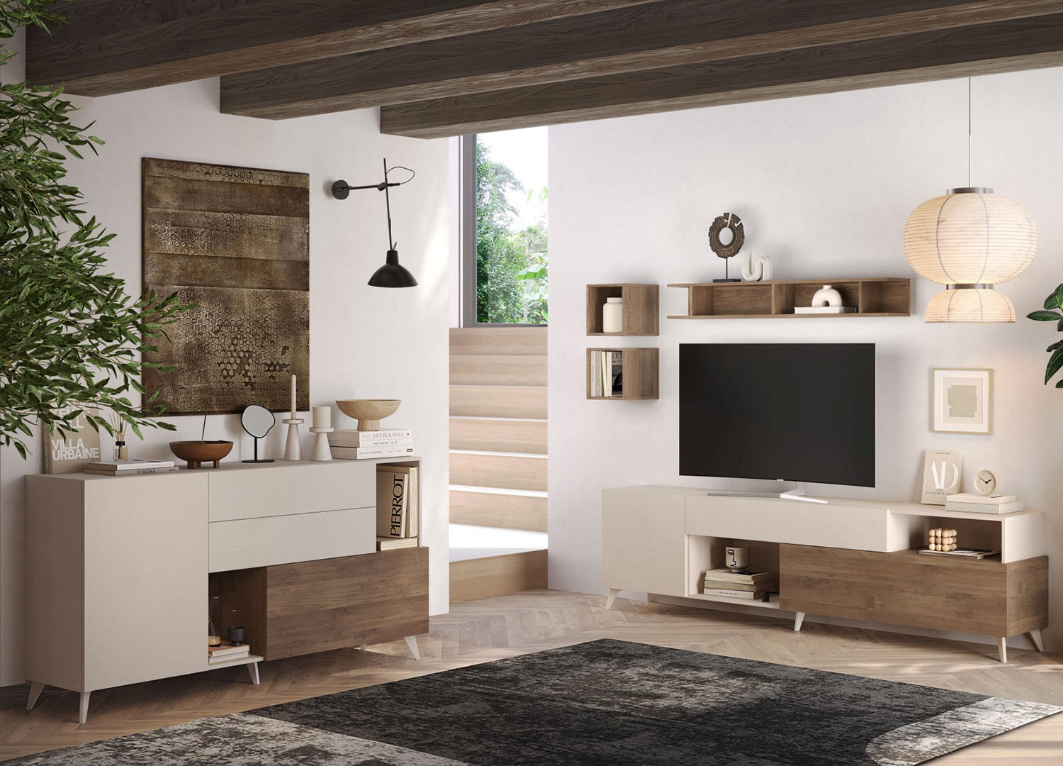 Buffet moderne 2 portes, 2 tiroirs et niches de rangement