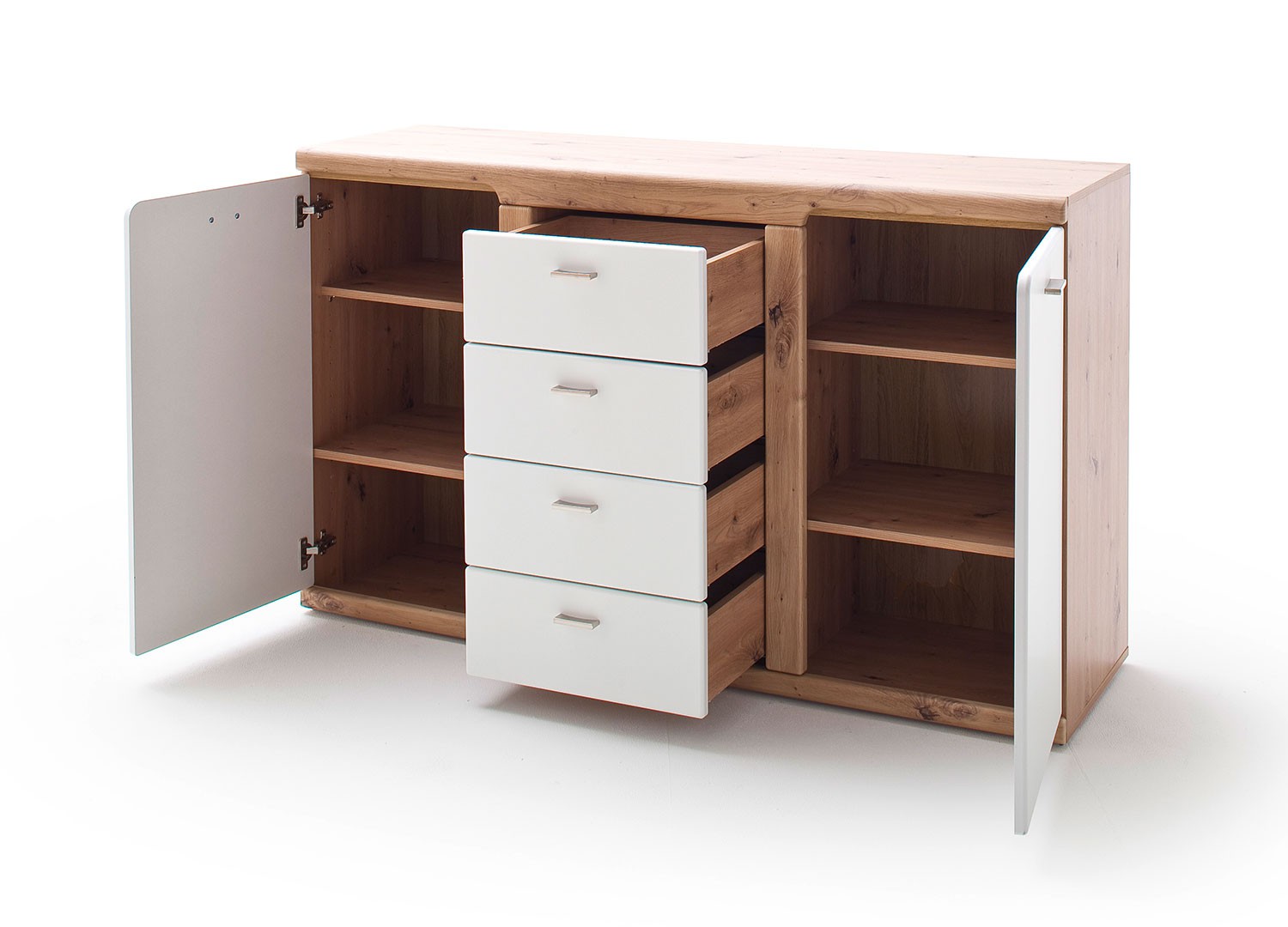 Buffet moderne 4 tiroirs et 2 portes blanc et décor chêne