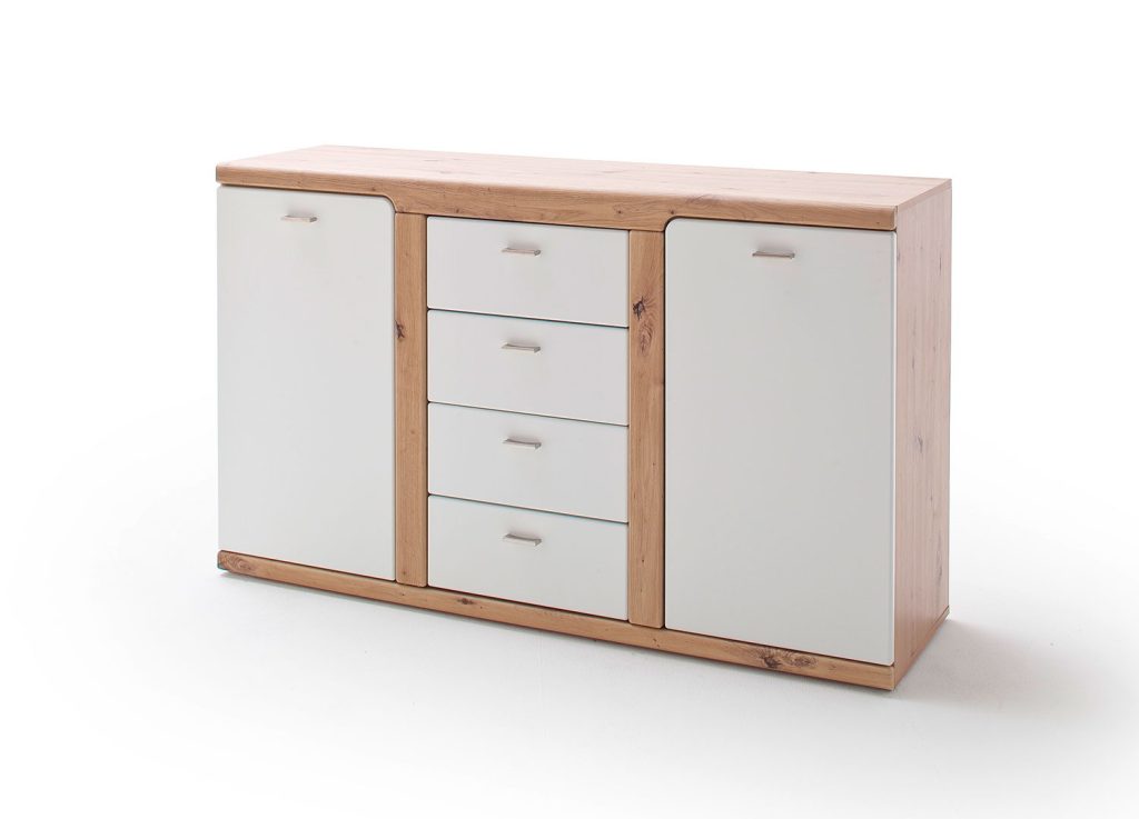 Buffet moderne 4 tiroirs et 2 portes blanc et décor chêne