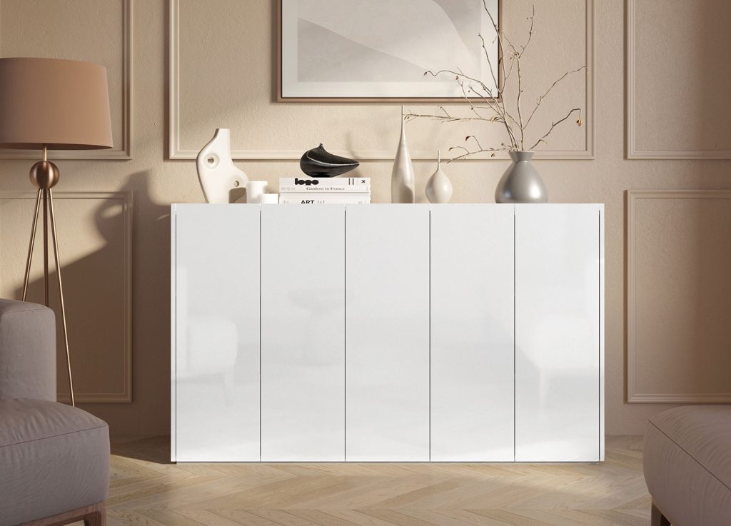Buffet moderne blanc brillant et chêne 156 cm avec éclairage Onda