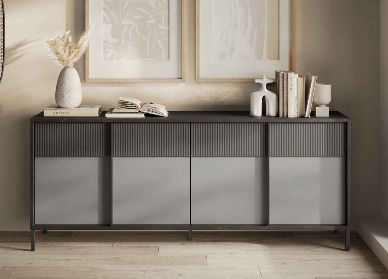 Buffet moderne gris 4 portes 206 cm