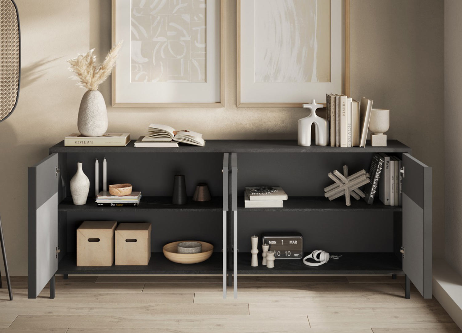 Buffet moderne gris 4 portes 206 cm