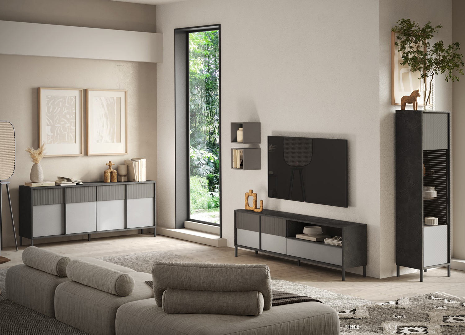 Buffet moderne gris 4 portes 206 cm