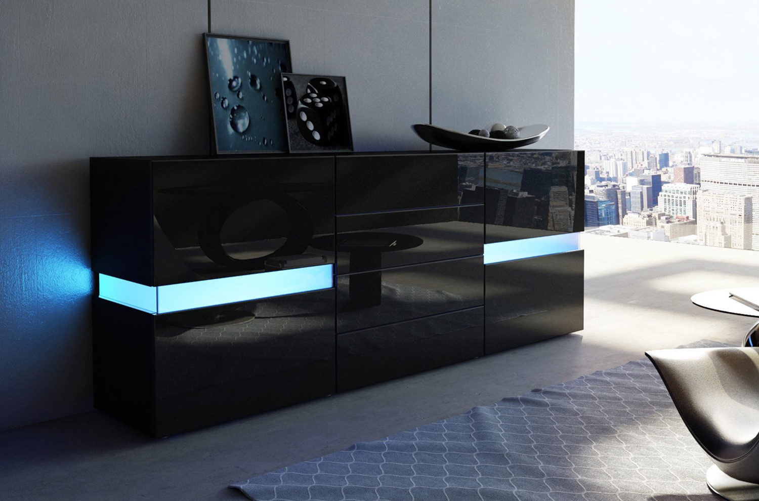 Buffet moderne laqué noir à led