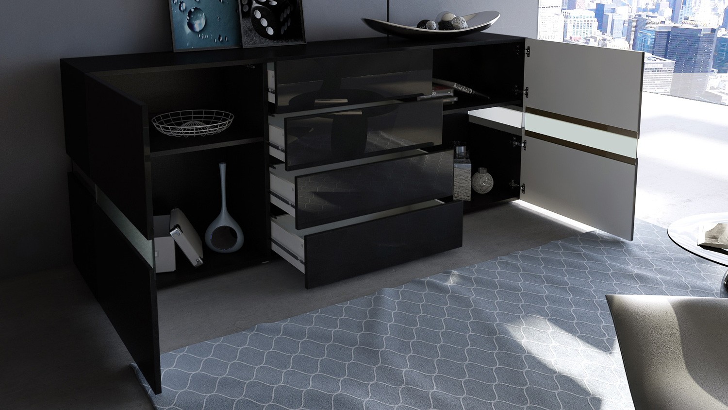 Buffet moderne laqué noir à led