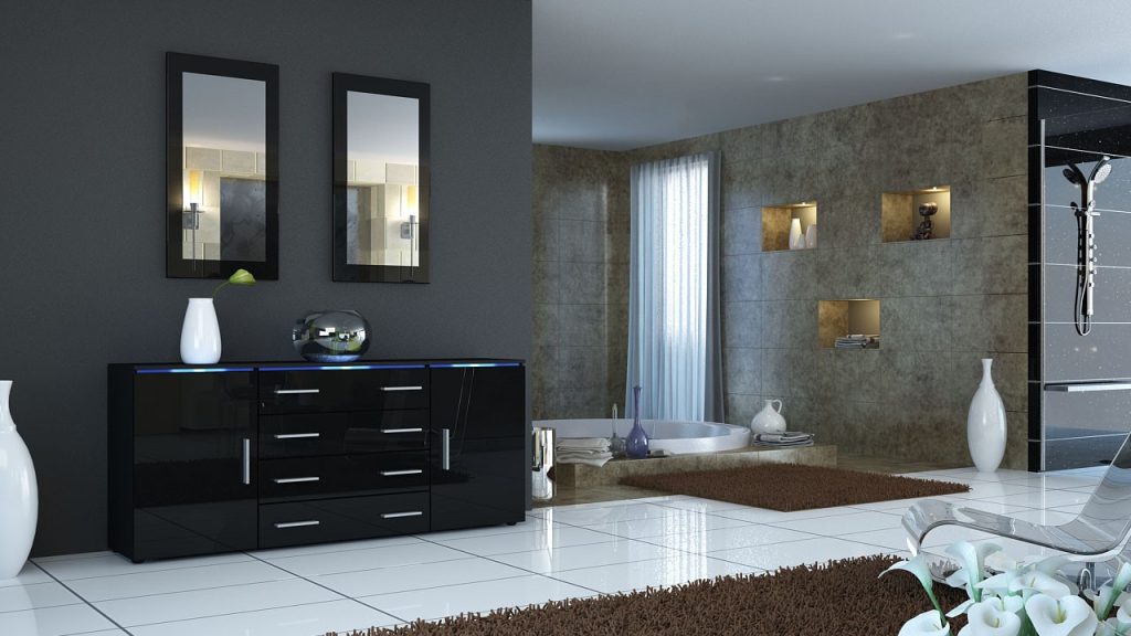 Buffet moderne noir 4 tiroirs et 2 portes