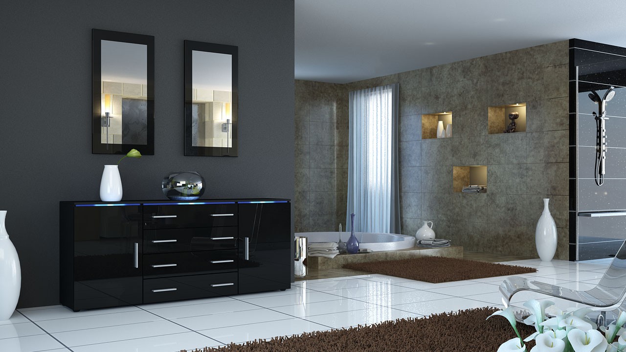 Buffet moderne noir 4 tiroirs et 2 portes