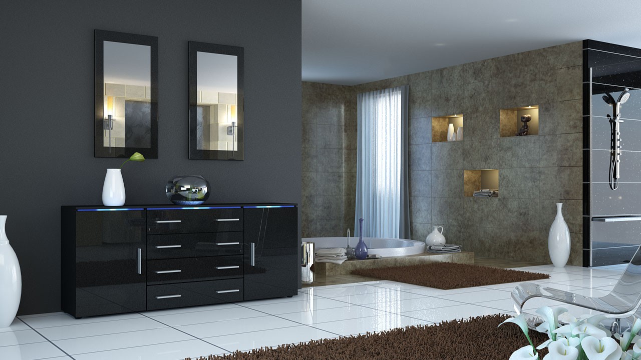Buffet moderne noir 4 tiroirs et 2 portes