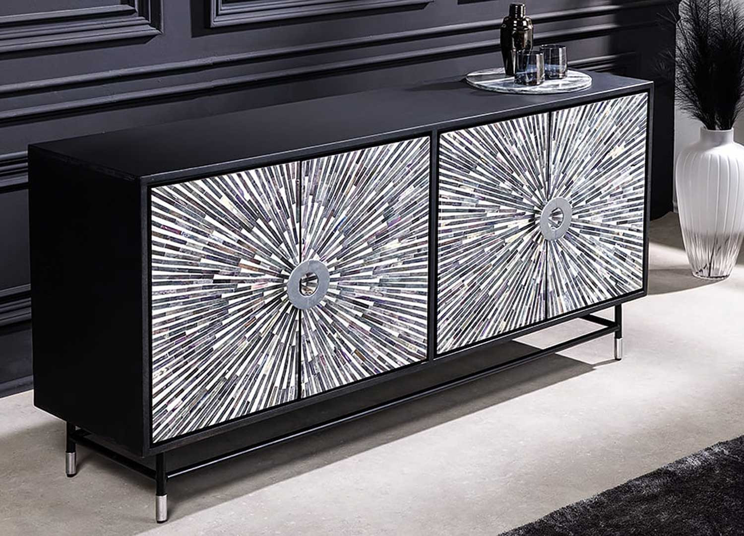 Buffet noir 4 portes à mosaïques multicolore
