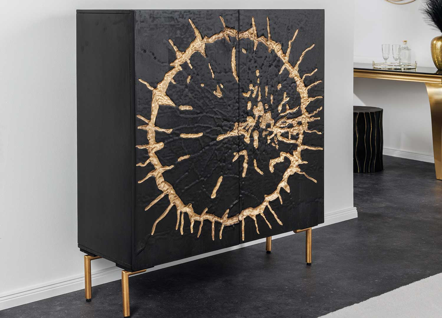 Buffet noir et doré 2 portes bois massif et métal