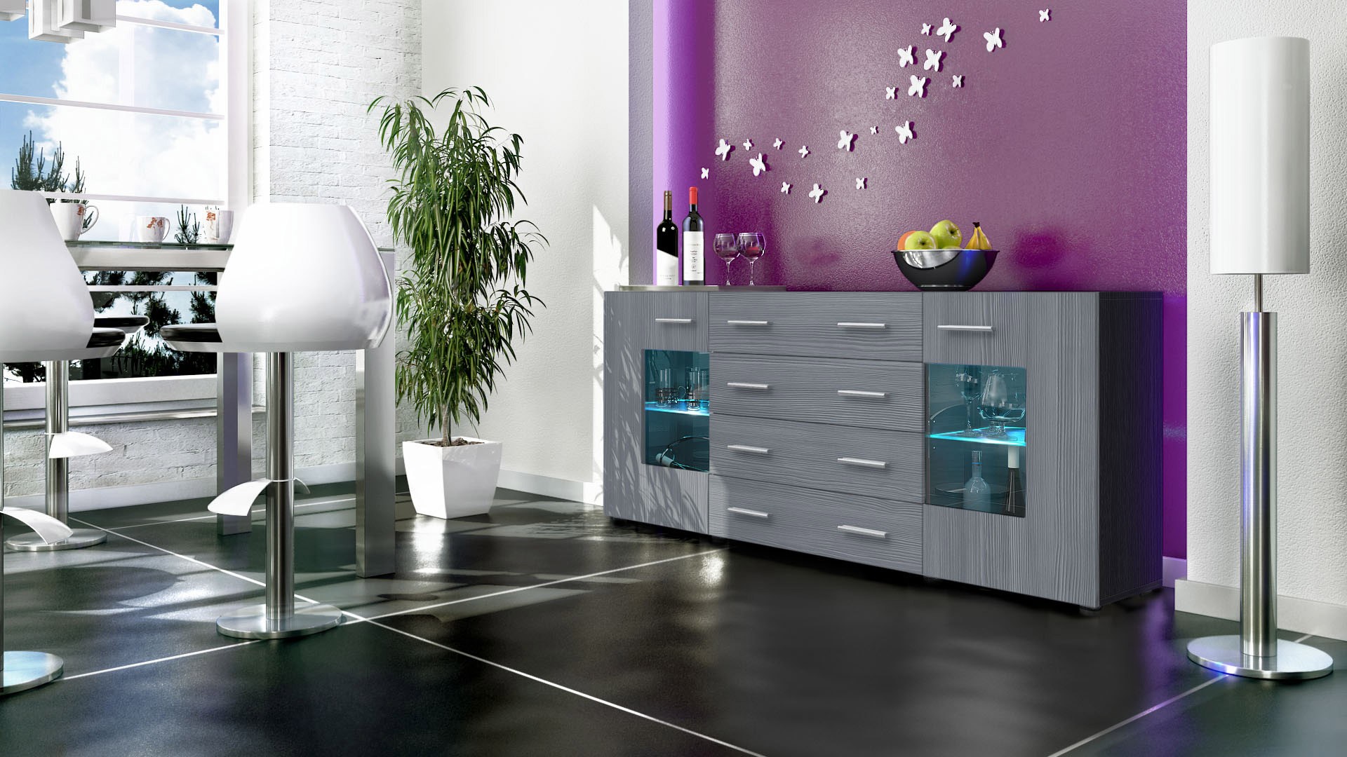 Buffet noir moderne 166 cm- 2 portes en verre- 4 tiroirs