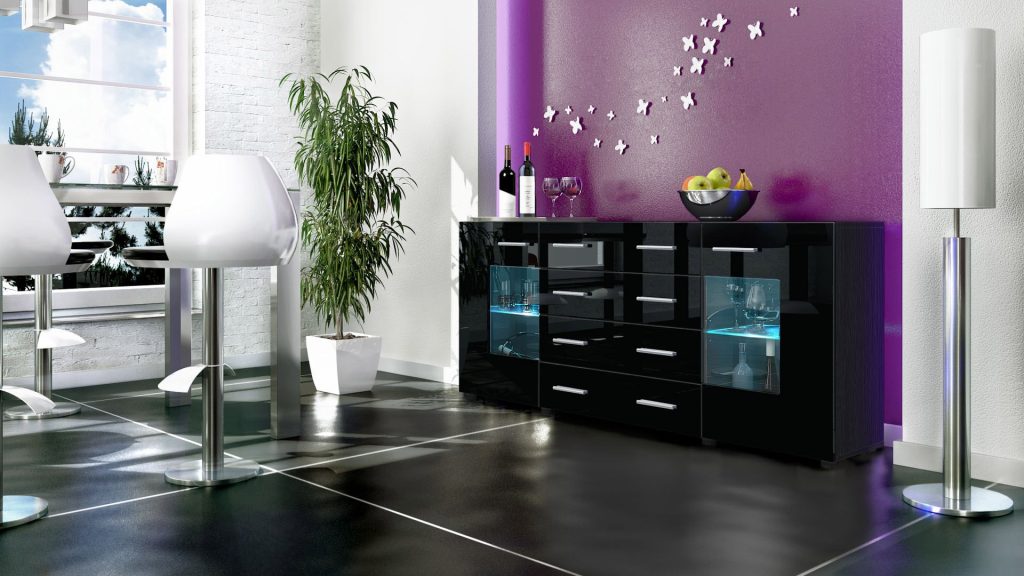 Buffet noir moderne 166 cm- 2 portes en verre- 4 tiroirs