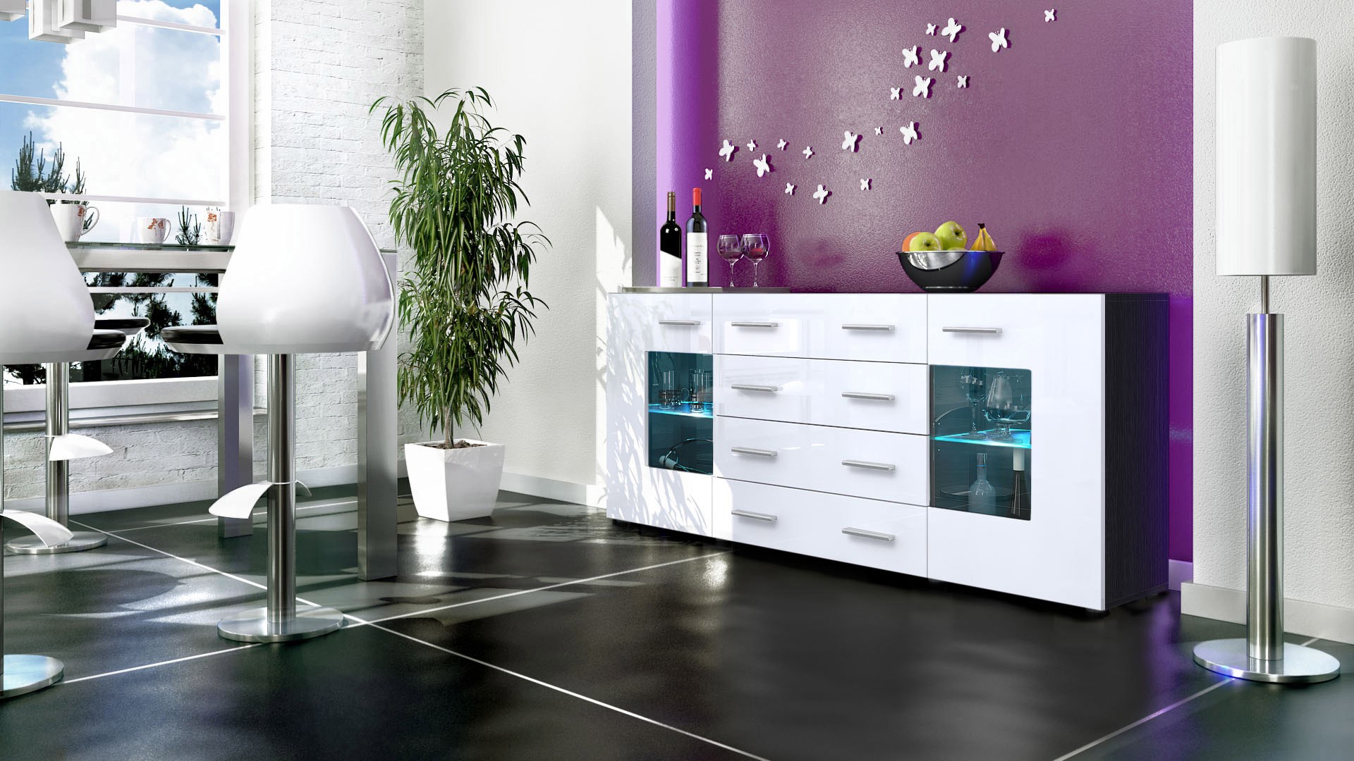Buffet noir moderne 166 cm- 2 portes en verre- 4 tiroirs