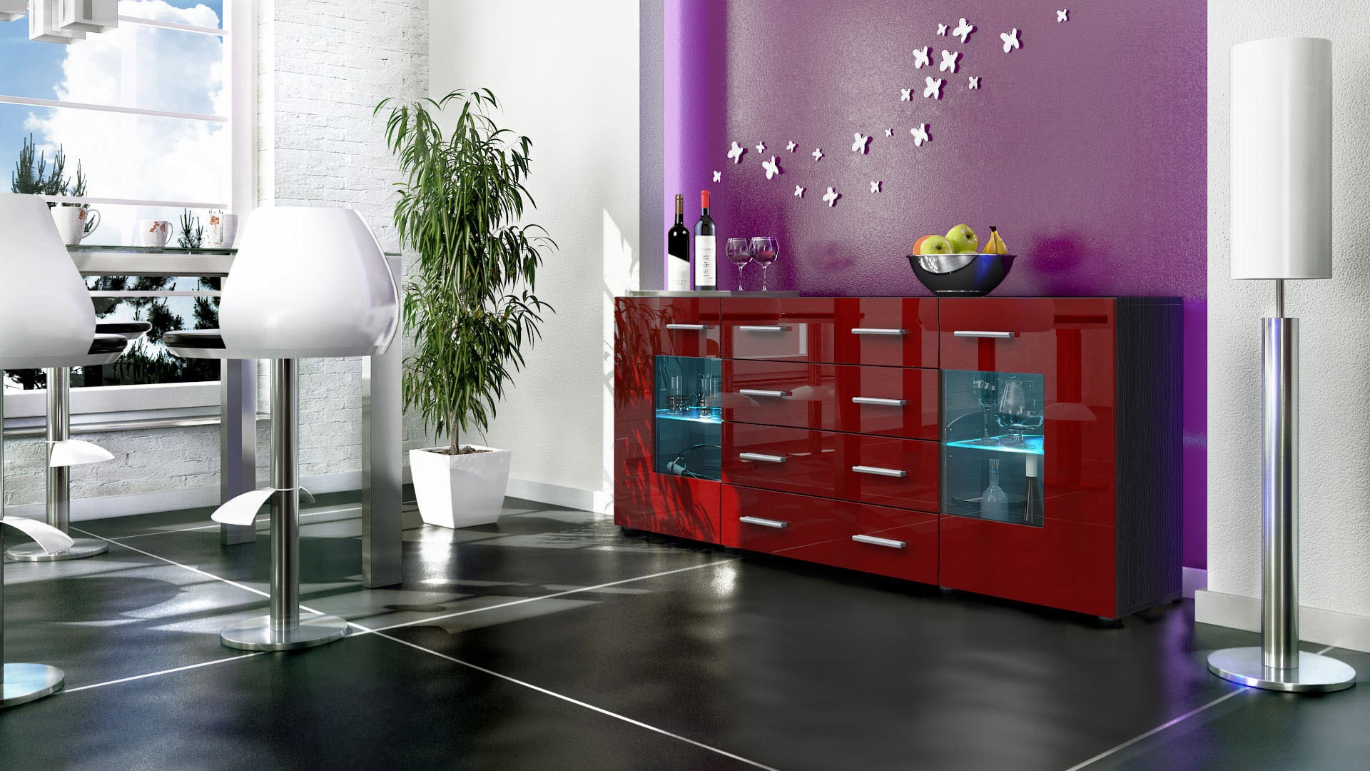 Buffet noir moderne 166 cm- 2 portes en verre- 4 tiroirs