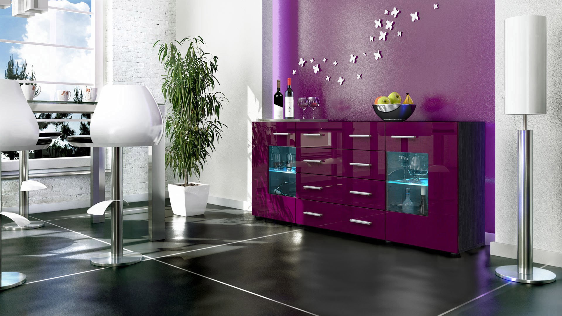 Buffet noir moderne 166 cm- 2 portes en verre- 4 tiroirs