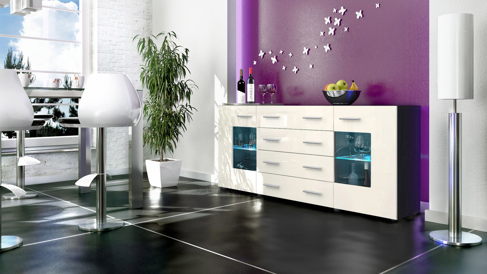Buffet noir moderne 166 cm- 2 portes en verre- 4 tiroirs