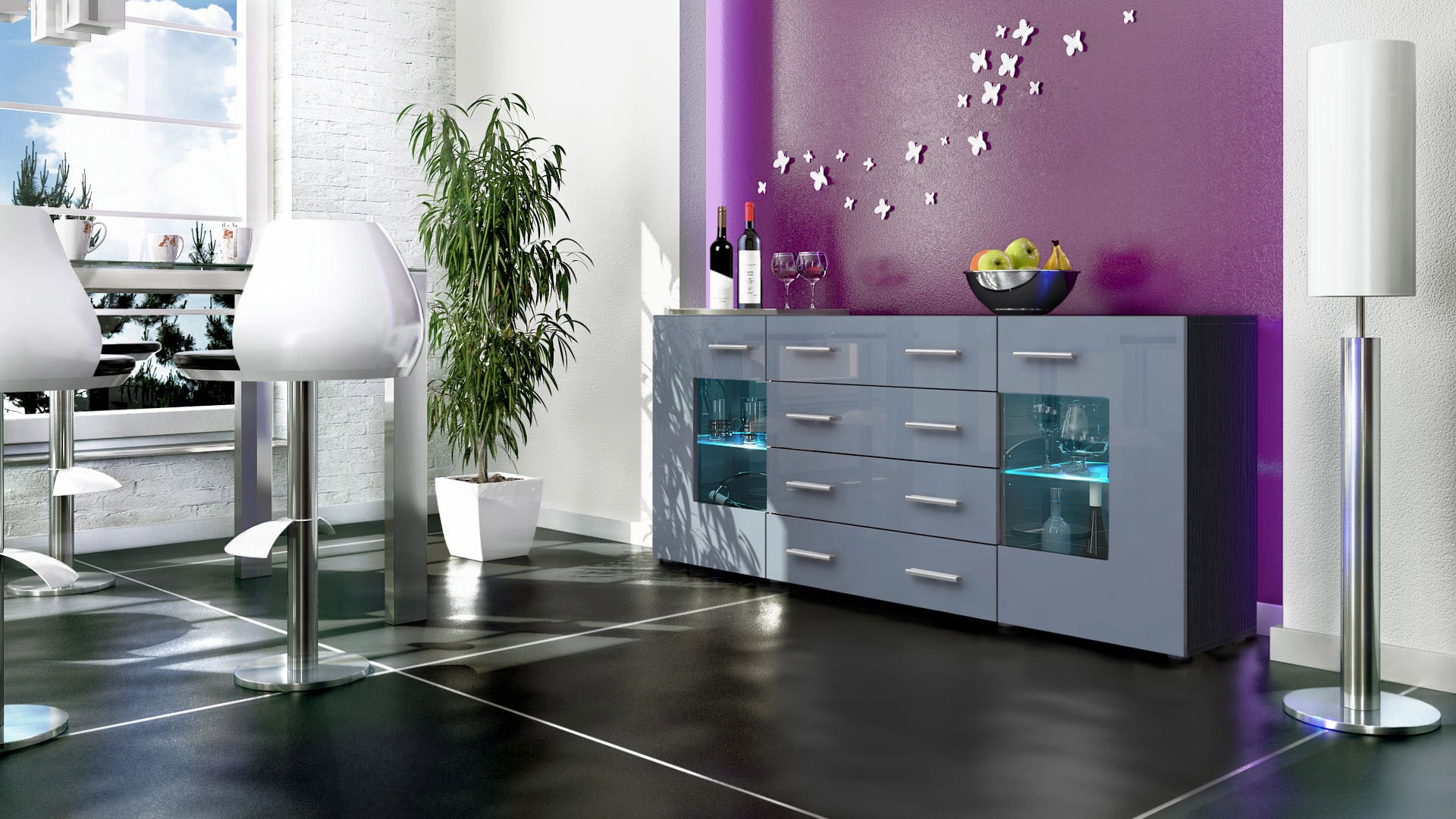 Buffet noir moderne 166 cm- 2 portes en verre- 4 tiroirs