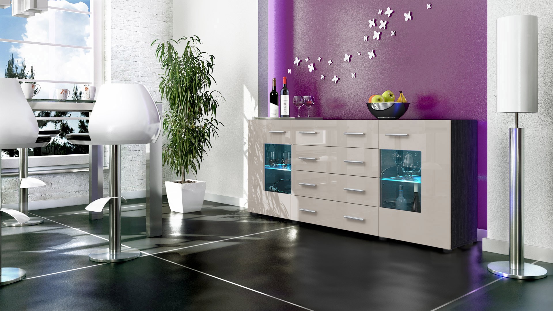 Buffet noir moderne 166 cm- 2 portes en verre- 4 tiroirs