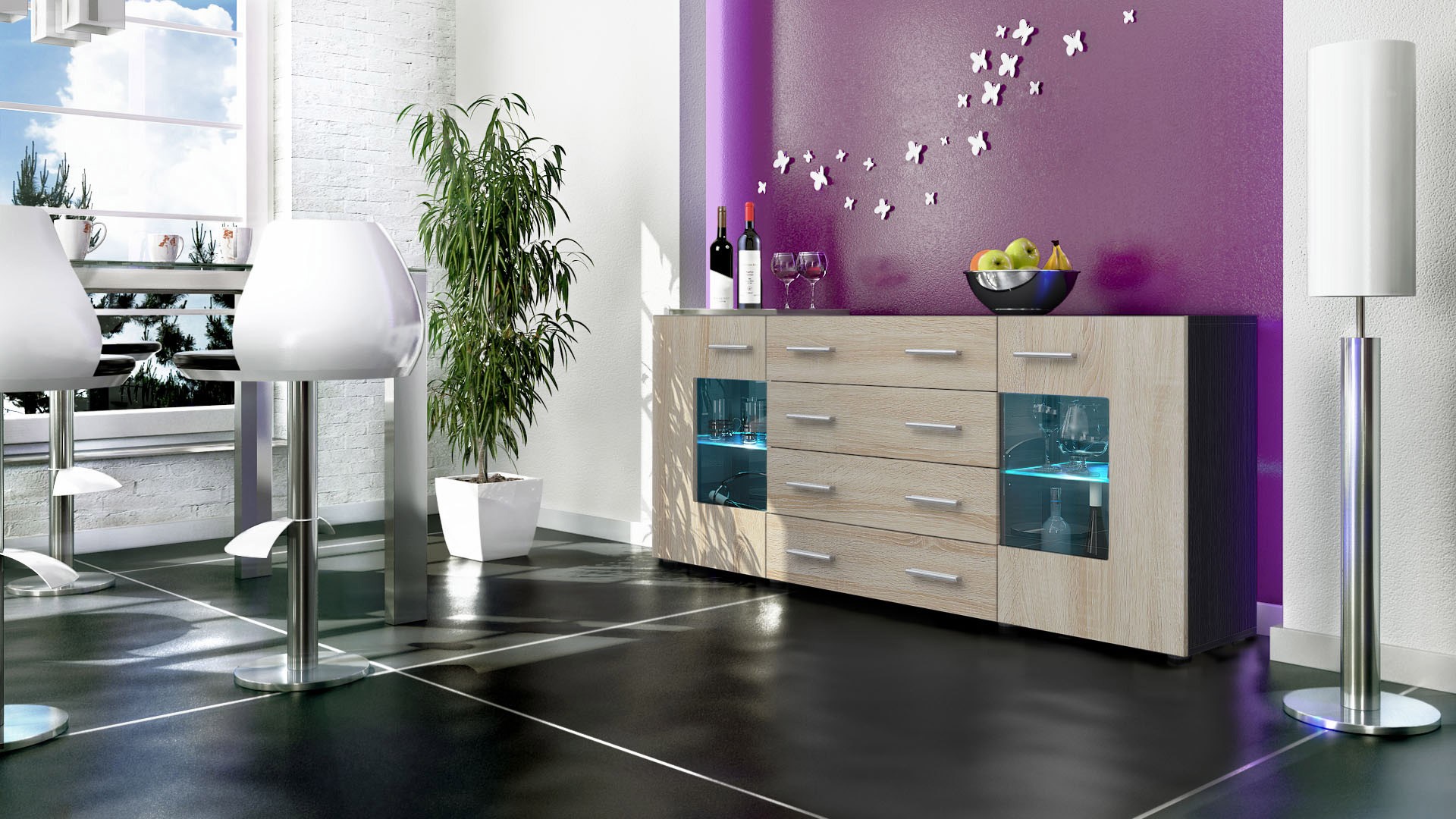 Buffet noir moderne 166 cm- 2 portes en verre- 4 tiroirs
