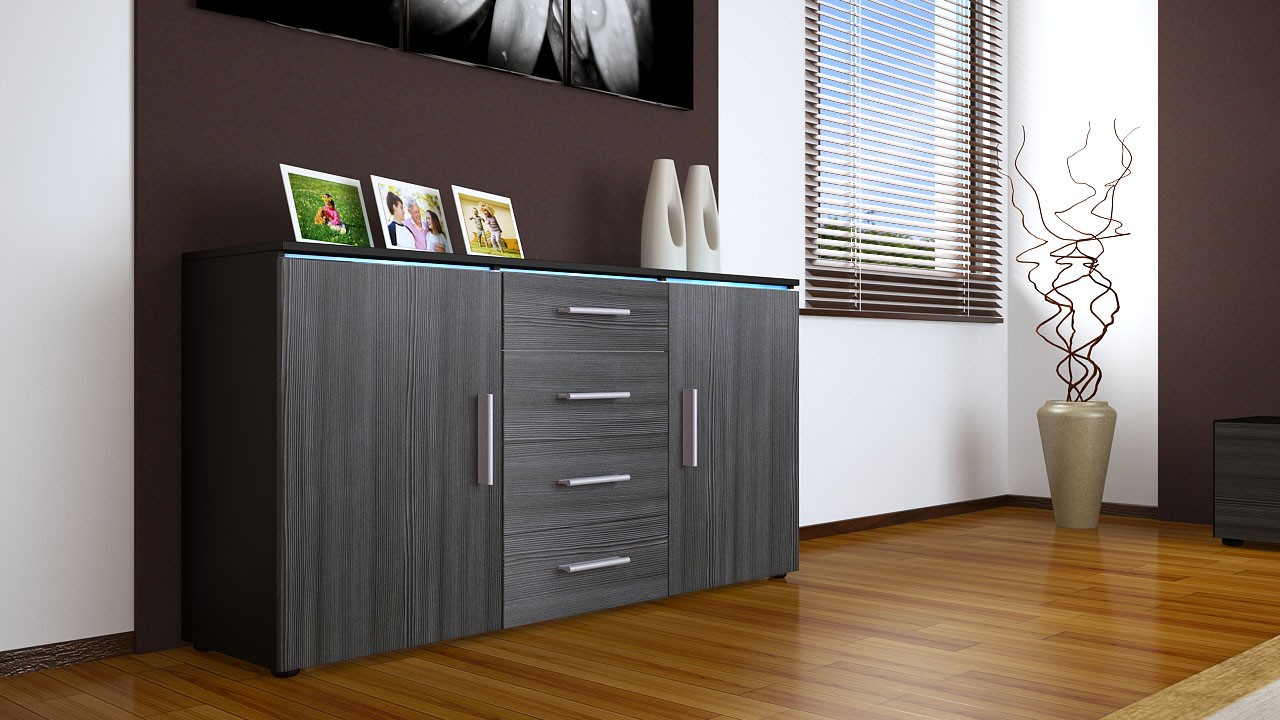 Buffet noir moderne 4 tiroirs et 2 portes