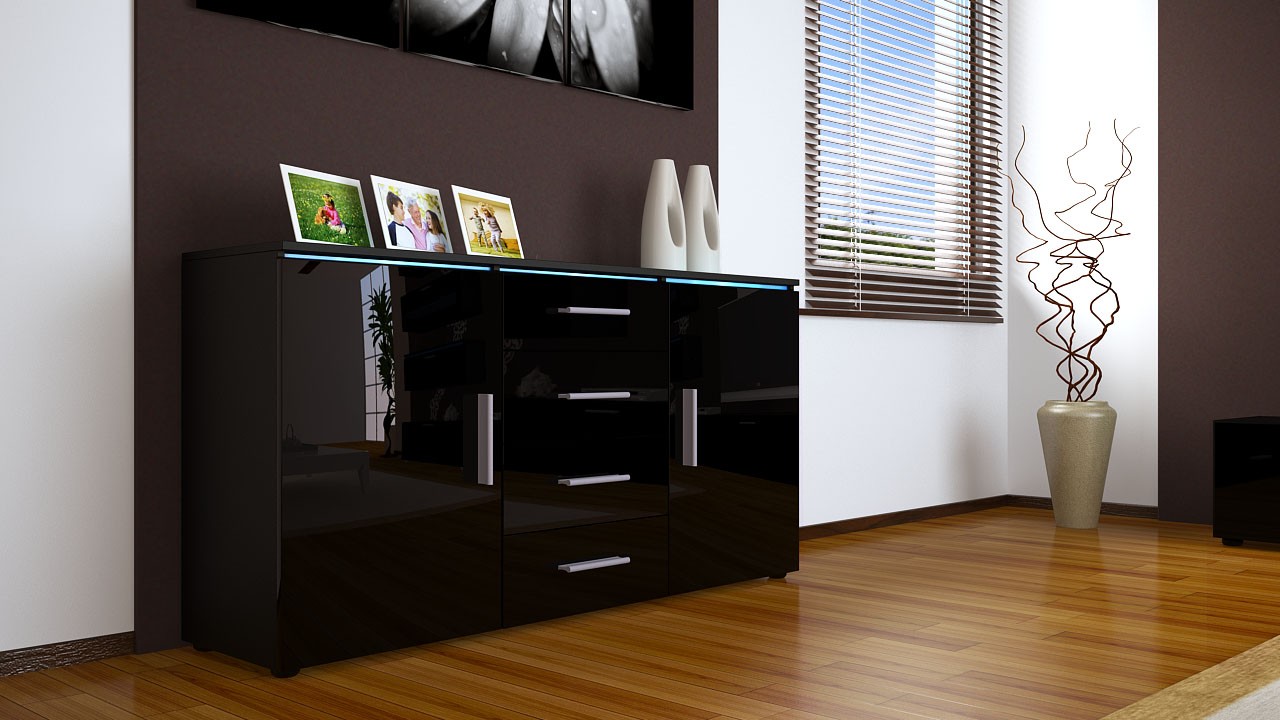 Buffet noir moderne 4 tiroirs et 2 portes