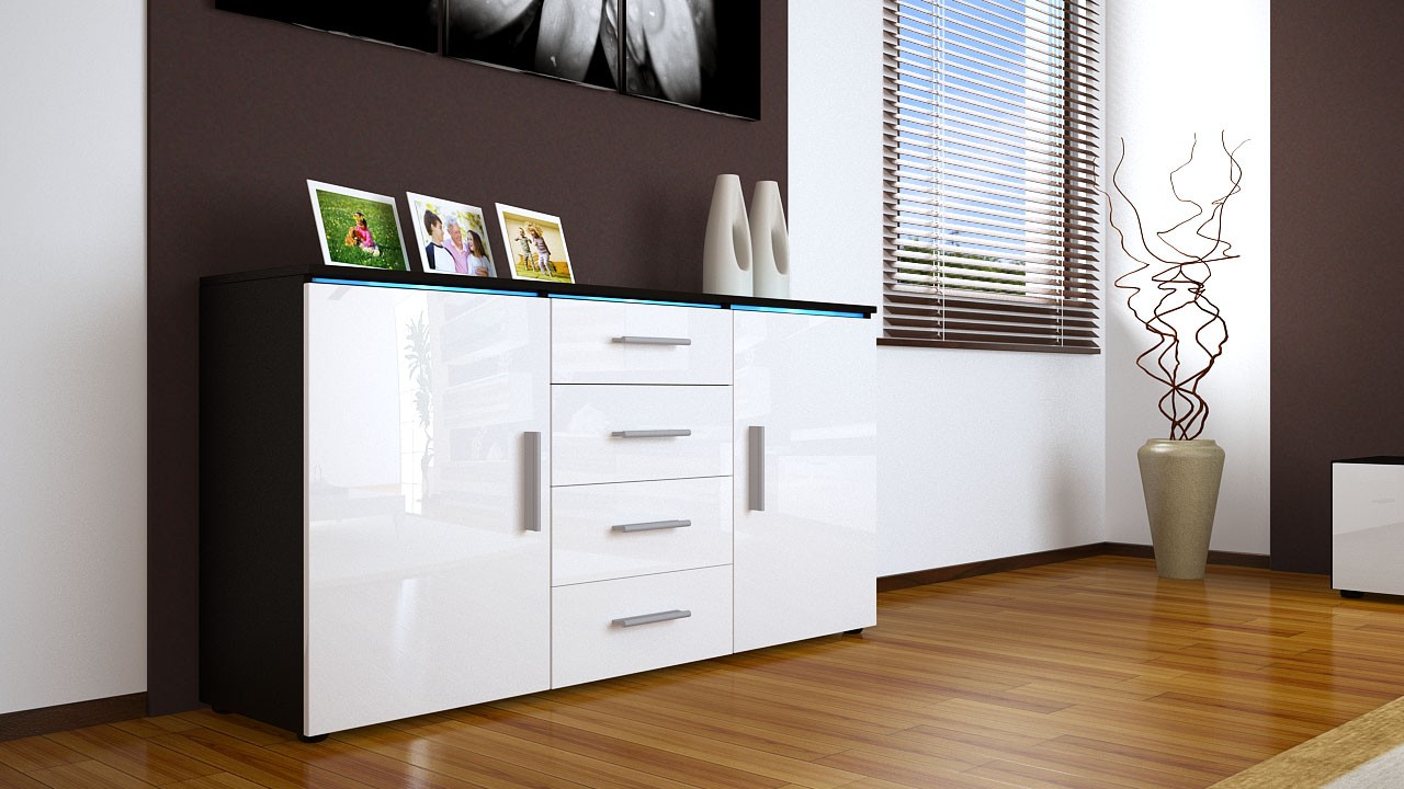 Buffet noir moderne 4 tiroirs et 2 portes