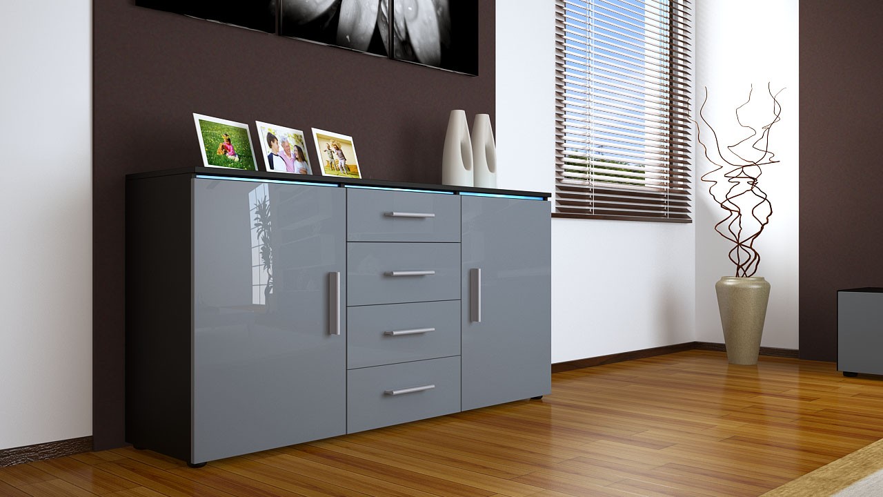 Buffet noir moderne 4 tiroirs et 2 portes